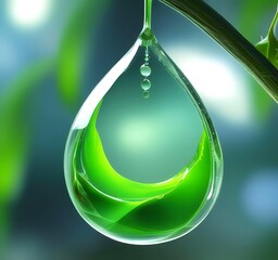 Macro shot of luminous green biofuel droplet suspended