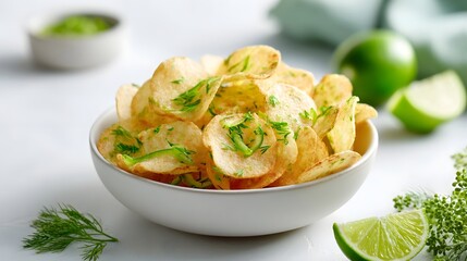 Appetizing close up of golden potato chips seasoned with fresh lime zest and dill presented in a simple white bowl with citrus and herb accents