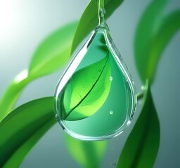 Macro shot of luminous green biofuel droplet suspended