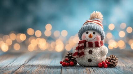 Adorable knitted snowman wearing a striped hat and scarf sits on a rustic wooden surface with bokeh lights
