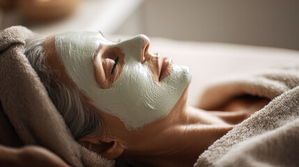 Woman enjoying a facial mask treatment at a spa for relaxation and skincare. An older woman relaxes with a facial mask, promoting self-care and wellness in a tranquil spa setting