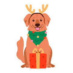 Cute Christmas dog in a festive costume. Adorable labrador puppy dressed as a reindeer for xmas celebration. Flat vector illustration with cozy holiday mood.