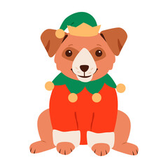 Cute Christmas puppy in an elf costume and cozy sweater. Funny Christmas dog dressed as a little elf. Flat vector illustration.