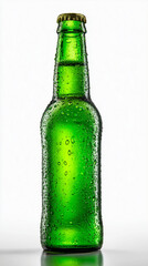 Product photo single glass beer bottle, no label, no text, cold condensation droplets