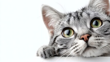 An adorable grey tabby kitten with striking green eyes playfully peeks from the edge of a white surface its inquisitive gaze and soft fur captured in a detailed close up studio shot