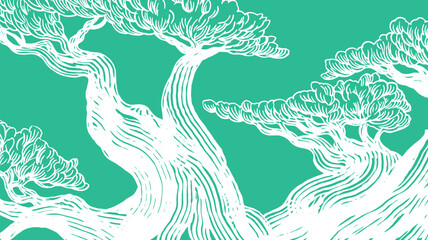 Hand drawn illustration of bold, gnarled tree silhouettes with detailed wood grain texture, inspired by ancient pine or bonsai forms. High-contrast white lines on a vibrant teal background. © Dear Reader