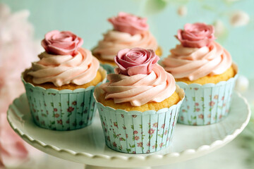 Elegant Rose Cupcakes with Pink Frosting on Stand Vintage Dessert Presentation