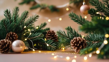 Cozy Christmas Decoration with Pine Cones and Lights