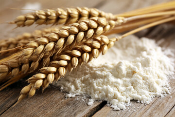 Golden Wheat Ears and Fresh Flour on Rustic Wooden Table Organic Harvest Concept