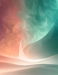 Abstract gradient background in warm coral, teal, peach, and soft pink tones with an artistic pattern created by brushstrokes. Glowing texture exuding calm energy for wellness, spa, or beauty design