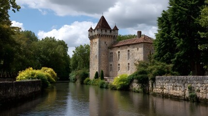 Fototapeta premium A picturesque stone castle with a moat surrounded by lush greenery under a cloudy sky