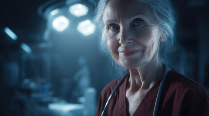 Smiling senior doctor in an operating room, ready for surgery. An experienced female physician is ready to perform a medical procedure in a modern operating theater