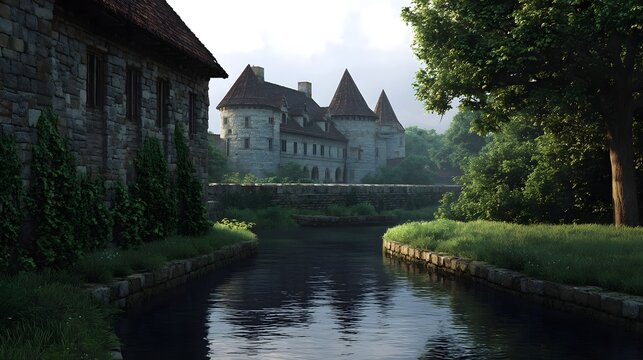 Picturesque medieval castle with stone walls and towers along a serene river surrounded by lush greenery - Powered by Adobe