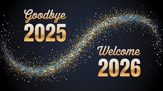 Goodbye 2025 welcome 2026 new year celebration with confetti background