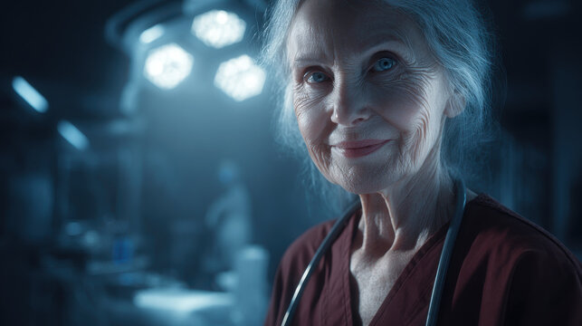 Smiling senior doctor in an operating room, ready for surgery. An experienced female physician is ready to perform a medical procedure in a modern operating theater