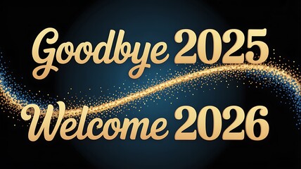 Goodbye 2025 welcome 2026 with golden sparkling wave and dark background