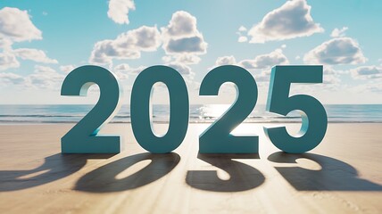 The year 2025 in large blue numbers on a sandy beach