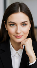 A smiling young professional woman in a black blazer and white shirt looks confidently and cheerfully directly at the camera.