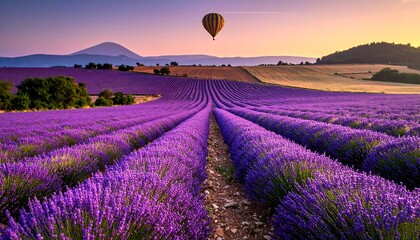 Fototapeta premium Scenic vista features rows of blooming purple flowers with a hot air balloon floating overhead during a picturesque sunset. A distant hill is also present