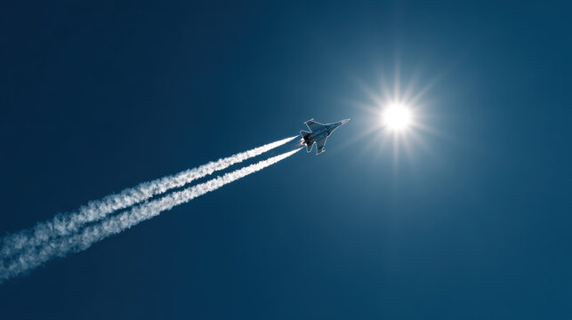 Fighter jet soaring through a clear blue sky with the sun shining brightly. An F-16 fighter jet streaks across the sky, leaving a trail of condensation as it flies towards the sun