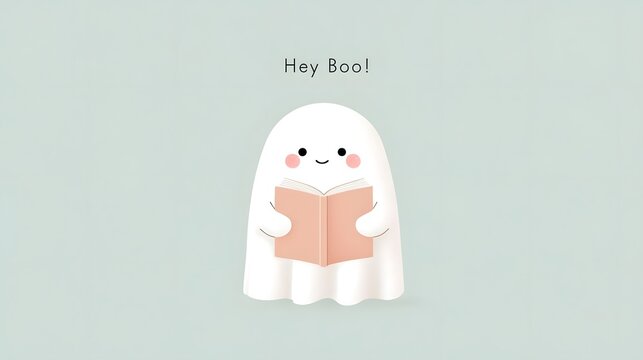An adorable white ghost with pink cheeks happily reads an open book with Hey Boo text above against a soft pastel background