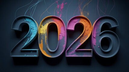 Colorful 3d numbers 2026 with powder explosion on dark background