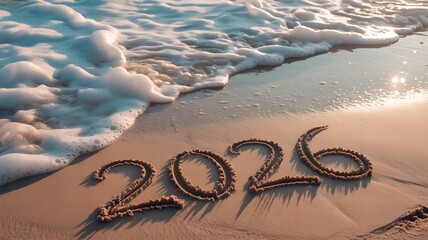 2026 written in sand on beach with waves washing ashore