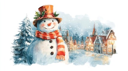 Charming watercolor illustration of a happy snowman wearing an orange hat and scarf in a snowy village setting
