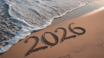 2026 written in sand on beach with waves washing ashore