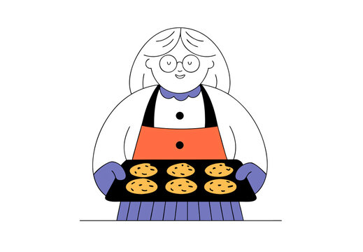 Smiling woman in orange apron and blue collar presents tray of golden chocolate chip cookies, isolated on a transparent background. Illustration.