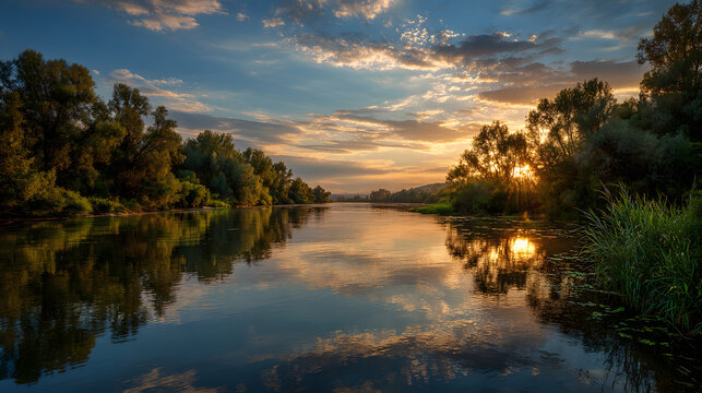 Sunset reflection on calm river creating meditative peaceful mood 