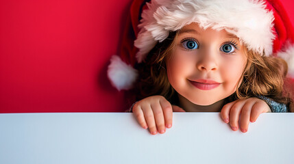A cheerful child wearing a Santa hat peeking over a white surface, with a blank background and plenty of space for writing festive messages.