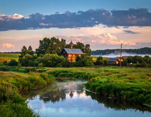 Fototapeta premium Scenic landscape showcases a wooden structure beside a calm stream. Misty fields and a colorful sky create a serene, natural environment
