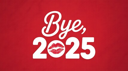 Bye 2025 hello new year white text with kiss on red background