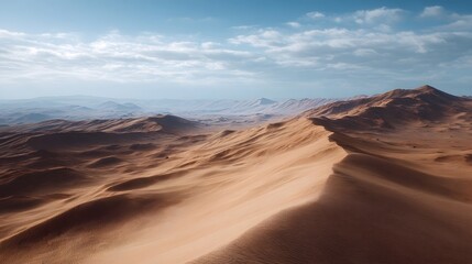 Naklejka premium Vast golden sand dunes stretch across an arid desert landscape under a blue sky with scattered clouds