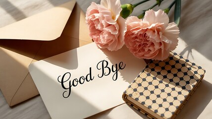 Good bye message on paper with flowers and envelopes on table
