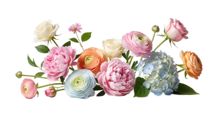 A beautiful arrangement of assorted flowers including roses, peonies, and hydrangeas on black backdrop