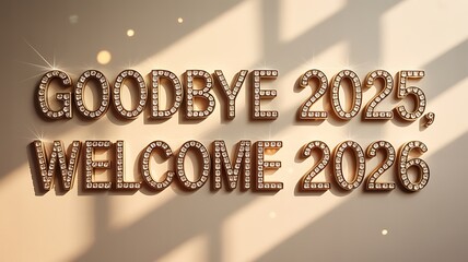 Goodbye 2025 welcome 2026 text with sparkling diamond letters
