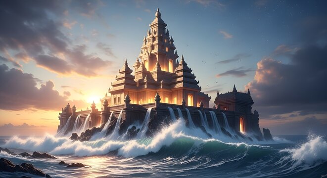 Epic Seascape Castle on Island Fantasy Architecture with Ocean Waves Against Sunset Sky Palace Fortress Monumental Structure