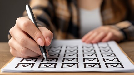 Hand Holding Pen Marking Checklist Items on Paper with Checkboxes for Organization and Productivity Tasks
