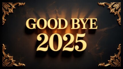 Golden text good bye 2025 with decorative corners on dark background