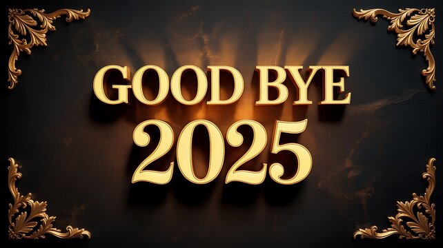 Golden text good bye 2025 with decorative corners on dark background