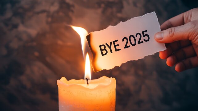 Hand burning paper with text bye 2025 near candle flame
