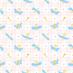 Seamless Pattern of Flying Winged Golden Keys and Hearts – Magical, Cute, Fairy Tale Background
