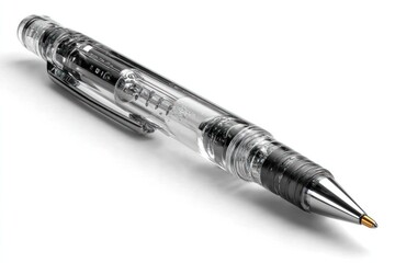 Naklejka premium Transparent Pen: A close-up shot of a transparent pen, showcasing its intricate internal mechanism and sleek design, perfect for projects.