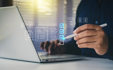 Businessman mark off items on digital checklist, Quality Assurance and Document Control Icons, representing quality assurance and document control processes, verification and compliance