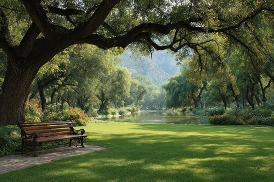 Serene Park Bench: A peaceful park bench sits nestled beneath the sheltering embrace of a grand tree, overlooking a tranquil pond and lush greenery, inviting quiet contemplation.