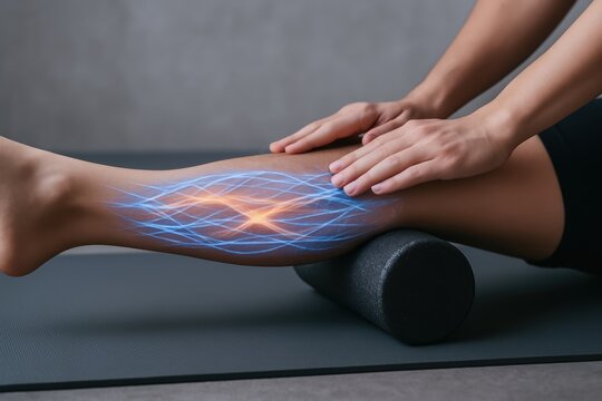 Longevity-Healthy Lifespan, Hands massaging a calf on a foam roller with glowing digital overlay showing muscles and nerves, symbolizing therapy and recovery.