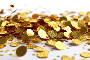 Golden Coins Cascade: An artistic arrangement of scattered golden coins, a visual metaphor for wealth, abundance, and prosperity. It evokes feelings of richness and financial success.