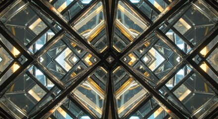 Symmetrical architectural structure creates intricate, repeating geometric pattern with reflective surfaces.